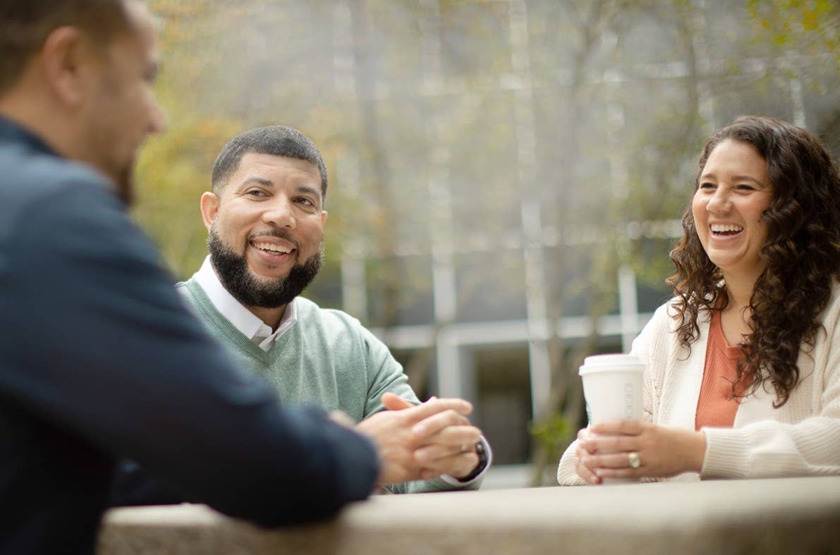 couple having a conversation with rep